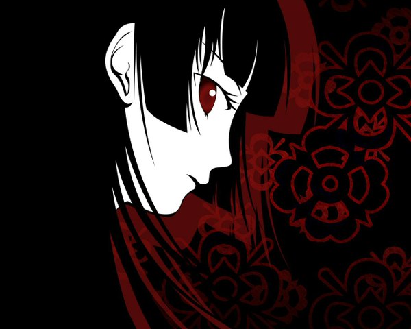 Anime picture 1280x1024 with hell girl studio deen enma ai single long hair looking at viewer fringe black hair red eyes payot parted lips looking back shadow floral print black background polychromatic high contrast girl