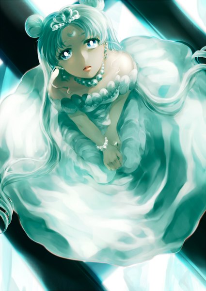 Anime picture 1300x1835 with bishoujo senshi sailor moon toei animation tsukino usagi princess serenity neo queen serenity tagme (artist) single long hair tall image blue eyes sitting twintails from above lips hair bun (hair buns) kneeling looking up girl dress choker