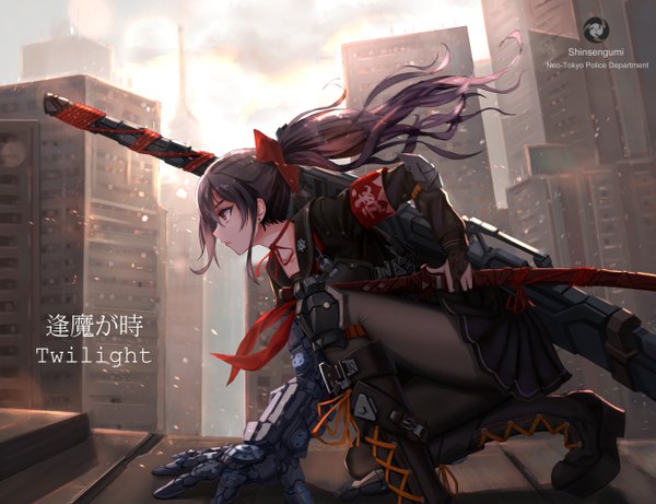 Anime picture 1300x1000 with original yuzuriha (artist) single long hair fringe black hair hair between eyes red eyes payot full body outdoors ponytail long sleeves profile pleated skirt inscription kneeling city hieroglyph cityscape