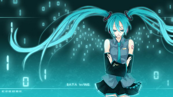 Anime picture 1280x720 with vocaloid hatsune miku single wide image twintails green eyes very long hair green hair girl detached sleeves microphone