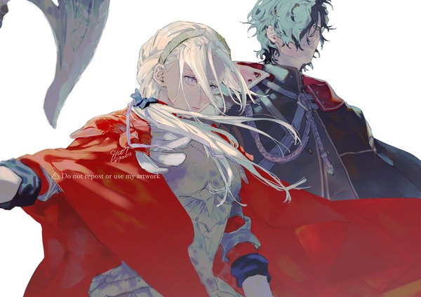 Anime picture 1700x1200 with fire emblem fire emblem: three houses fire emblem warriors: three hopes nintendo edelgard von hresvelg hubert von vestra 91007 long hair fringe short hair simple background white background purple eyes signed looking away silver hair wind hair over one eye outstretched arm official alternate costume