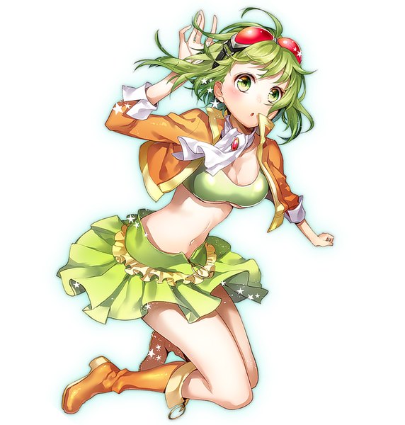 Anime picture 1010x1059 with vocaloid gumi yuzuki kihiro single tall image looking at viewer blush short hair open mouth simple background white background green eyes ahoge green hair sparkle jumping girl navel miniskirt boots