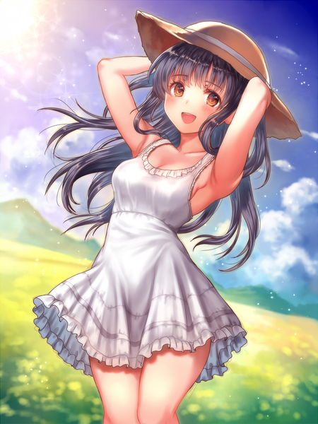 Anime picture 799x1066 with original nishizawa single long hair tall image looking at viewer blush fringe breasts open mouth light erotic black hair smile brown eyes sky cleavage cloud (clouds) outdoors :d arm up