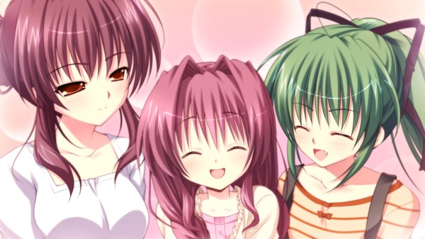 Anime picture 1280x720 with root double tachibana kazami moribe jun long hair short hair open mouth smile red eyes wide image multiple girls game cg purple hair eyes closed green hair girl dress 3 girls child (children)