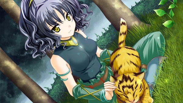 Anime picture 1280x720 with sangoku hime unicorn-a chouhi yokutoku (sangoku hime) short hair black hair wide image yellow eyes game cg girl plant (plants) tree (trees) tiger