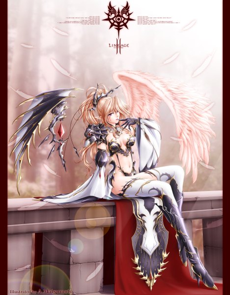 Anime picture 1000x1281 with lineage (game) akatsuki matsumoto single long hair tall image looking at viewer light erotic blonde hair sitting pink eyes pointy ears facial mark finger to mouth elf girl thighhighs navel detached sleeves white thighhighs wings