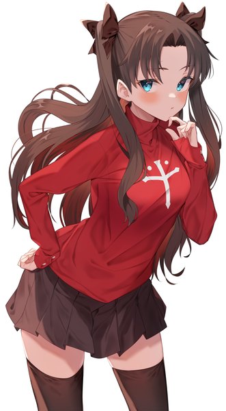 Anime-Bild 2204x4000 mit fate (series) fate/stay night toosaka rin jun (aousa0328) single long hair tall image blush fringe highres breasts blue eyes simple background brown hair standing white background long sleeves pleated skirt two side up zettai ryouiki