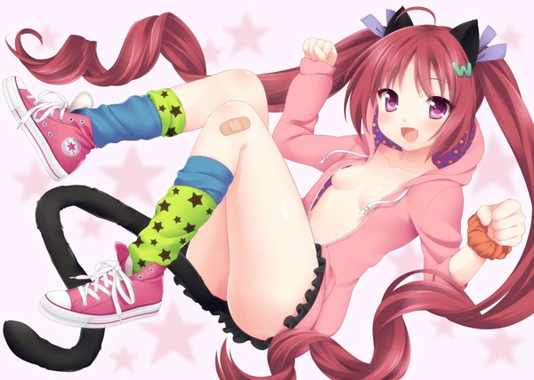 Anime picture 3624x2591 with original hazuki watora etou (cherry7) single blush highres breasts open mouth light erotic purple eyes twintails animal ears absurdres red hair very long hair cat ears teeth cat girl cat tail fang (fangs)