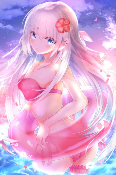 Anime picture 1191x1797 with summer pockets key (studio) naruse shiroha maddo (gasser 0518) single long hair tall image looking at viewer blush fringe breasts open mouth blue eyes light erotic hair between eyes standing bare shoulders holding payot sky