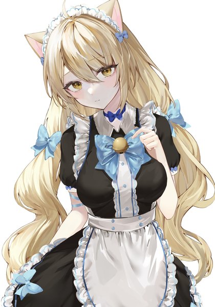 Anime picture 1469x2098 with original raiya atelier single long hair tall image looking at viewer blush fringe breasts simple background blonde hair hair between eyes standing white background twintails animal ears yellow eyes ahoge head tilt cat ears