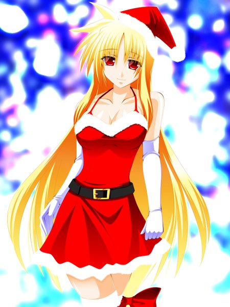 Anime picture 2133x2844 with mahou shoujo lyrical nanoha mahou shoujo lyrical nanoha strikers fate testarossa engo (aquawatery) single long hair tall image looking at viewer highres blonde hair red eyes alternate costume fur trim christmas merry christmas girl dress gloves detached sleeves elbow gloves