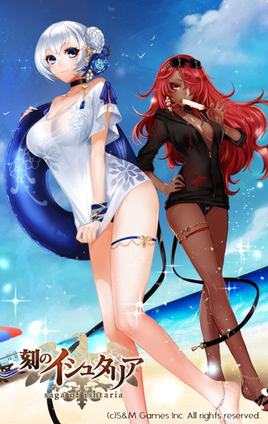 Anime picture 1776x2804 with age of ishtaria mordred (age of ishtaria) arthur (age of ishtaria) ut (apt) long hair tall image looking at viewer fringe highres short hair breasts blue eyes light erotic red eyes large breasts standing multiple girls holding sky silver hair