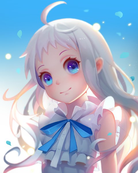 Anime picture 771x965 with ano hi mita hana no namae wo bokutachi wa mada shiranai a-1 pictures honma meiko liuzexiong single long hair tall image looking at viewer blush blue eyes smile bare shoulders ahoge upper body white hair head tilt sunlight gradient background floating hair blue background