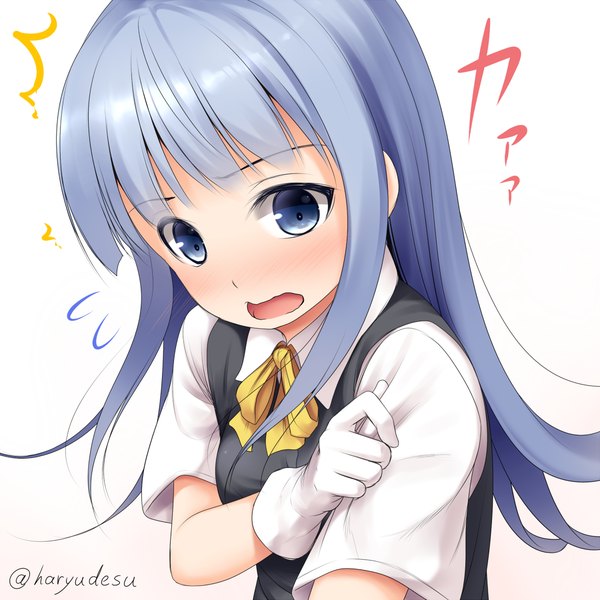 Anime picture 1100x1100 with kantai collection hatsukaze destroyer haryuu (poetto) single long hair blush fringe open mouth blue eyes simple background payot blue hair character names looking down girl gloves uniform school uniform white gloves bowtie