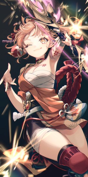 Anime picture 1500x2996 with genshin impact yoimiya (genshin impact) tamaya yoi single tall image looking at viewer blush fringe short hair breasts blonde hair smile yellow eyes traditional clothes one eye closed wink armpit (armpits) dark background outstretched hand jumping