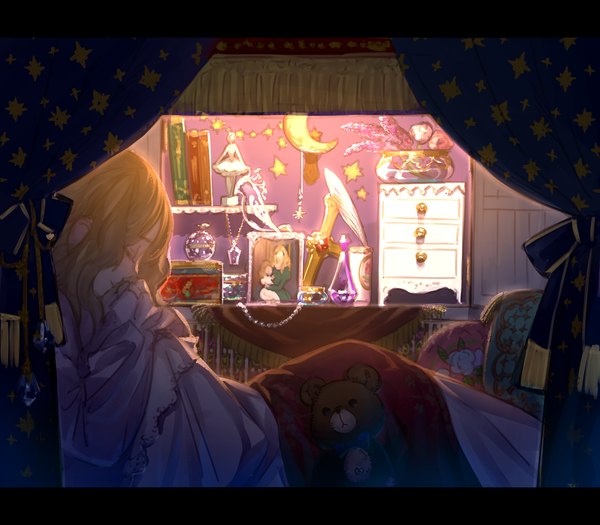 Anime picture 1600x1400 with original tayuya1130 single long hair fringe blonde hair indoors eyes closed profile sleeping girl flower (flowers) book (books) curtains cross shelf door blanket photo (object)