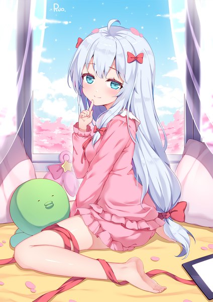 Anime picture 1280x1813 with eromanga sensei a-1 pictures izumi sagiri ruo single long hair tall image looking at viewer blush fringe sitting sky silver hair cloud (clouds) full body ahoge indoors barefoot aqua eyes light smile