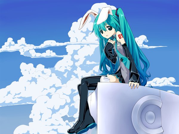 Anime picture 1920x1440 with vocaloid hatsune miku tinmo (artist) long hair highres green eyes cloud (clouds) green hair bunny ears girl thighhighs detached sleeves