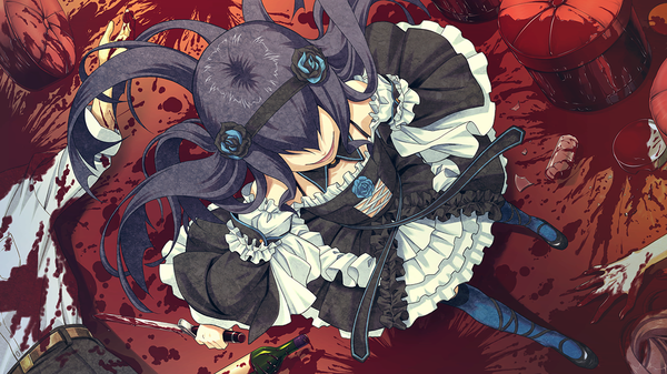 Anime picture 1280x720 with disorder 6 long hair black hair wide image game cg lolita fashion goth-loli hair over eyes crazy smile girl dress detached sleeves frills hairband blood knife