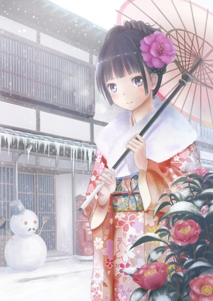 Anime picture 1202x1700 with original taka (tsmix) single tall image black hair brown eyes traditional clothes japanese clothes hair flower snowing winter snow exhalation girl hair ornament flower (flowers) kimono obi fur-trimmed kimono camellia (flower)
