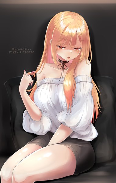 Anime picture 987x1553 with sono bisque doll wa koi wo suru cloverworks kitagawa marin mr.canary single long hair tall image blonde hair red eyes sitting bare shoulders signed nail polish fingernails turning head long fingernails playing with hair girl choker