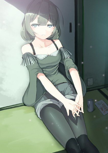 Anime picture 707x1000 with idolmaster idolmaster cinderella girls takagaki kaede mbf:04 single tall image fringe short hair breasts blue eyes sitting looking away aqua hair wide sleeves shadow girl shorts blouse