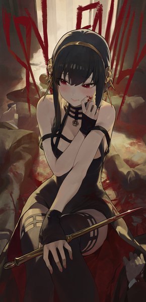 Anime picture 2976x6147 with spy x family yor briar modare single long hair tall image blush fringe highres black hair hair between eyes red eyes sitting looking away copyright name blood on face hand on knee bloody weapon girl thighhighs