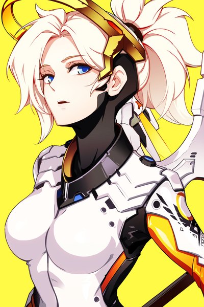 Anime picture 1551x2327 with overwatch blizzard entertainment mercy (overwatch) hwansang single tall image fringe short hair breasts open mouth blue eyes simple background blonde hair looking away upper body ponytail yellow background mechanical wings girl wings
