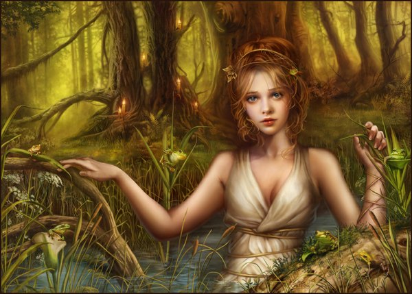 Anime picture 1117x800 with cris ortega (dark-spider) single short hair blue eyes brown hair signed lips realistic girl dress plant (plants) tree (trees) water grass forest candle (candles) frog pond
