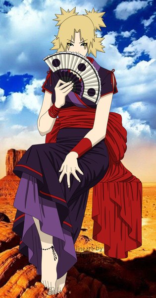 Anime picture 2500x4757 with naruto studio pierrot naruto (series) temari (naruto) tall image looking at viewer highres short hair blonde hair sitting twintails sky cloud (clouds) traditional clothes japanese clothes barefoot inscription short twintails mountain quad tails