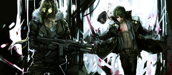 Anime picture 5964x2607 with original genki-de long hair highres short hair wide image absurdres green hair open clothes mouth hold smoking boy uniform weapon sword jacket star (symbol) gun blood pants