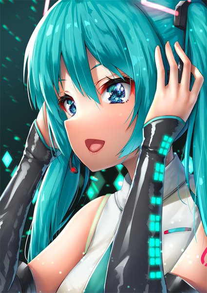 Anime picture 708x1000 with vocaloid hatsune miku pensuke single long hair tall image fringe open mouth blue eyes light erotic simple background hair between eyes twintails looking away upper body aqua hair tattoo hands on head girl hair ornament