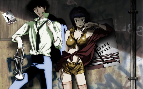 Anime picture 1920x1200 with cowboy bebop sunrise (studio) faye valentine spike spiegel highres black hair wide image blue hair girl boy shirt hairband pants musical instrument card (cards)