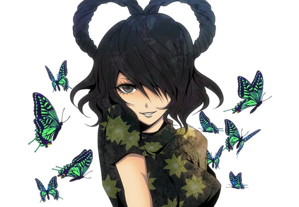 Anime picture 1000x692 with touhou kaku seiga shi sei (artist) single fringe short hair black hair simple background white background hair over one eye grey eyes girl hair ornament insect butterfly