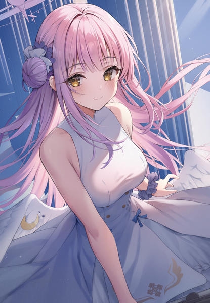 Anime picture 1383x2000 with blue archive mika (blue archive) kuro futoshi single long hair tall image looking at viewer blush smile yellow eyes pink hair hair bun (hair buns) sleeveless white wings wrist scrunchie girl dress wings white dress scrunchie