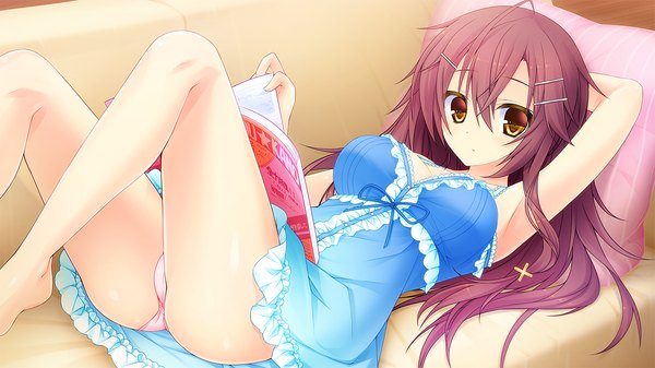 Anime picture 1280x720 with ren'ai made sentakushi hitotsu hishikawa karen single long hair looking at viewer blush breasts light erotic brown hair wide image large breasts yellow eyes game cg cleavage barefoot bare legs armpit (armpits) on back cameltoe girl