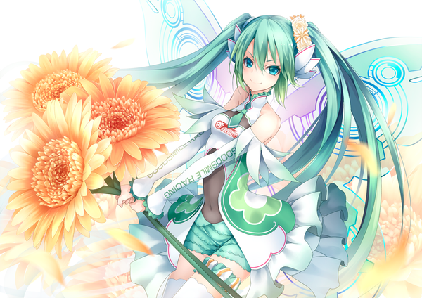 Anime picture 1200x848 with vocaloid goodsmile racing hatsune miku racing miku racing miku (2017) ajigo single long hair looking at viewer fringe smile hair between eyes twintails bare shoulders holding aqua eyes from above aqua hair insect wings butterfly wings