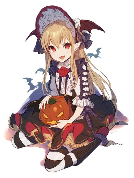 Anime picture 755x1000 with granblue fantasy vampy yu-ri single long hair tall image looking at viewer fringe open mouth simple background blonde hair smile hair between eyes red eyes white background sitting holding full body pointy ears fang (fangs)