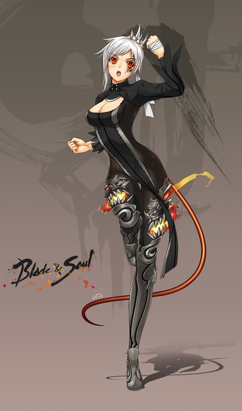 Anime picture 1300x2200 with blade & soul midnight (artist) single tall image blush short hair open mouth silver hair orange eyes tattoo fighting stance girl bandage (bandages)