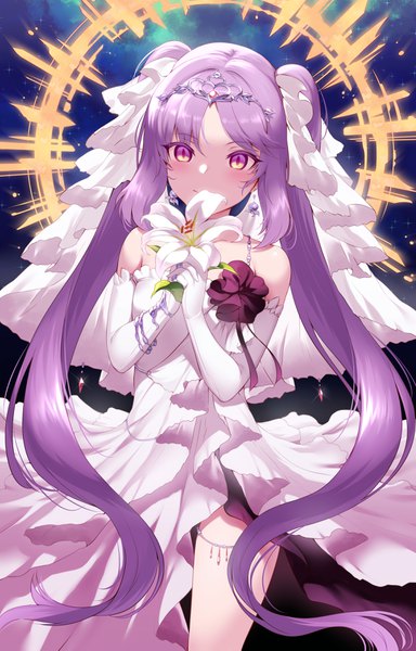 Anime picture 2268x3541 with fate (series) fate/grand order fate/hollow ataraxia euryale (fate) mdastarou single long hair tall image looking at viewer blush highres smile standing purple eyes twintails bare shoulders holding payot purple hair slit pupils