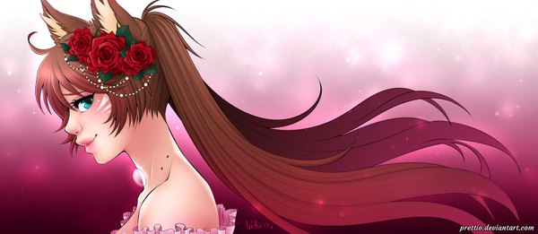 Anime picture 1800x783 with original prettio single long hair looking at viewer highres brown hair wide image twintails signed animal ears ahoge profile hair flower aqua eyes lips cat ears gradient background girl flower (flowers)