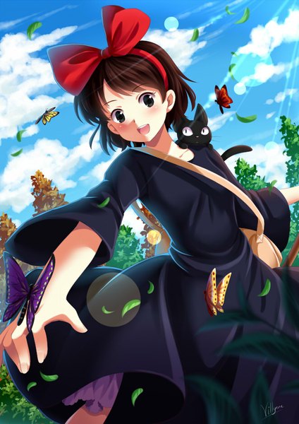 Anime picture 661x935 with kiki's delivery service studio ghibli kiki jiji villyane tall image blush short hair open mouth smile brown hair sky cloud (clouds) :d black eyes sunlight sunbeam girl dress bow