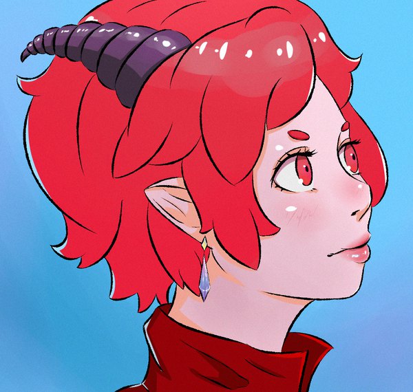 Anime picture 1136x1080 with original incarnatechaos13 single short hair simple background red eyes looking away red hair profile horn (horns) pointy ears lipstick portrait blue background red lipstick girl earrings