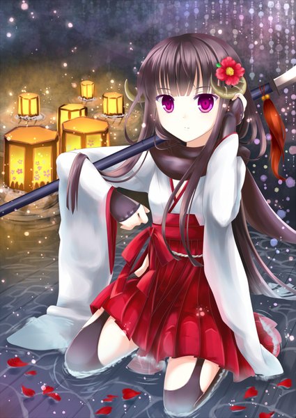 Anime picture 1300x1835 with inu x boku ss david production shirakiin ririchiyo puracotte single long hair tall image black hair purple eyes japanese clothes hair flower horn (horns) miko girl thighhighs hair ornament weapon black thighhighs petals water