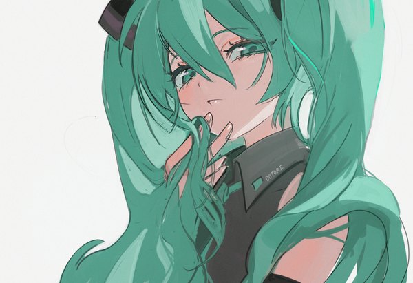 Anime picture 1080x740 with vocaloid hatsune miku dotori (seulseul) single long hair looking at viewer fringe simple background hair between eyes white background twintails upper body aqua eyes aqua hair girl