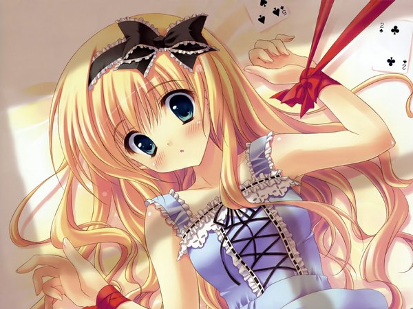 Anime picture 1024x768 with alice in wonderland ryohka long hair blue eyes blonde hair ribbon (ribbons)