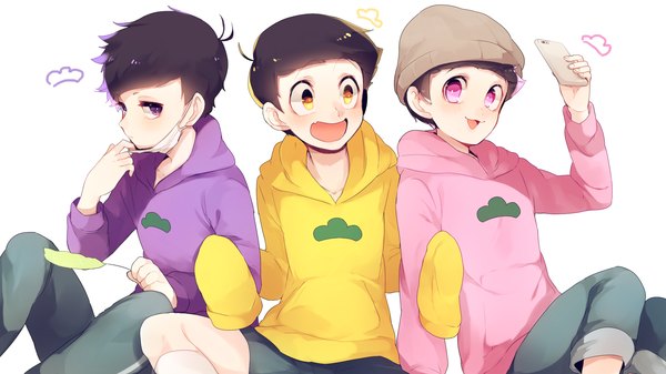 Anime picture 1920x1080 with osomatsu-san matsuno ichimatsu matsuno todomatsu matsuno juushimatsu makoto (pixiv15577210) looking at viewer blush highres short hair open mouth black hair simple background wide image white background sitting purple eyes yellow eyes looking away ahoge long sleeves