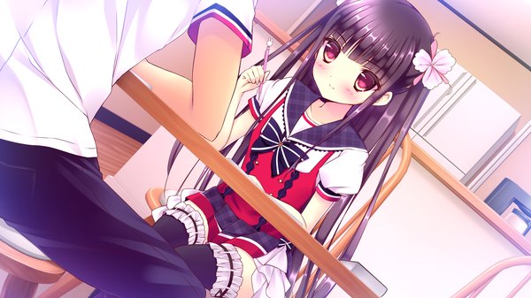 Anime picture 2168x1220 with zutto sukishite takusan sukishite mashita touma long hair blush highres black hair smile red eyes wide image game cg hair flower girl thighhighs boy uniform hair ornament black thighhighs school uniform