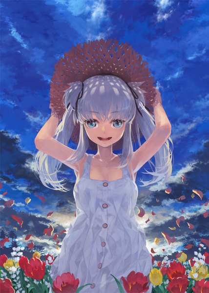 Anime picture 913x1280 with mabinogi nao toro single long hair tall image looking at viewer open mouth blue eyes twintails sky cloud (clouds) white hair girl dress flower (flowers) hat sundress