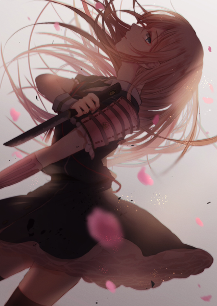 Anime picture 1073x1514 with touken ranbu nitroplus midare toushirou beruko single long hair tall image looking at viewer blue eyes simple background holding profile wind grey background short sleeves depth of field otoko no ko crossdress thighhighs dress